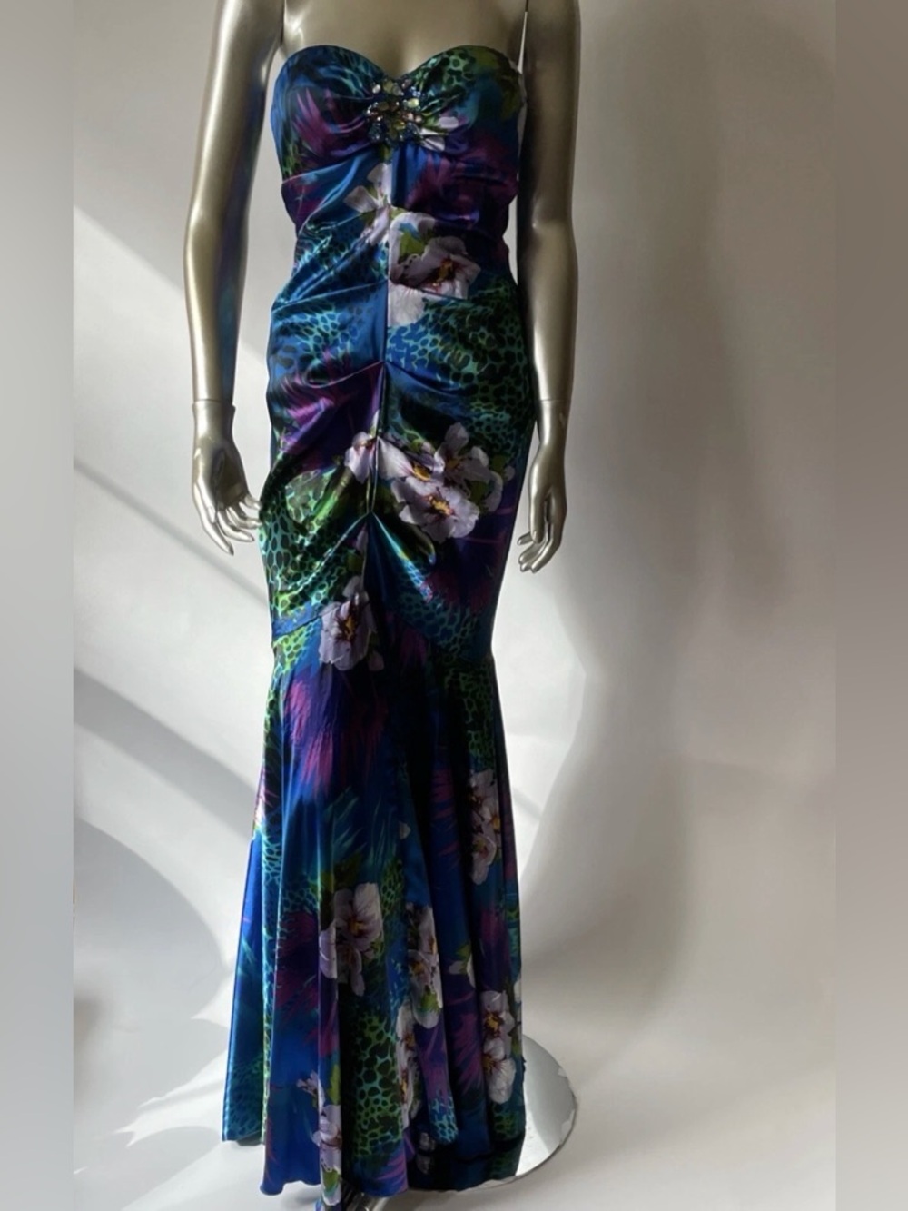 Cache Blue and Green Floral Ruched Mermaid Gown